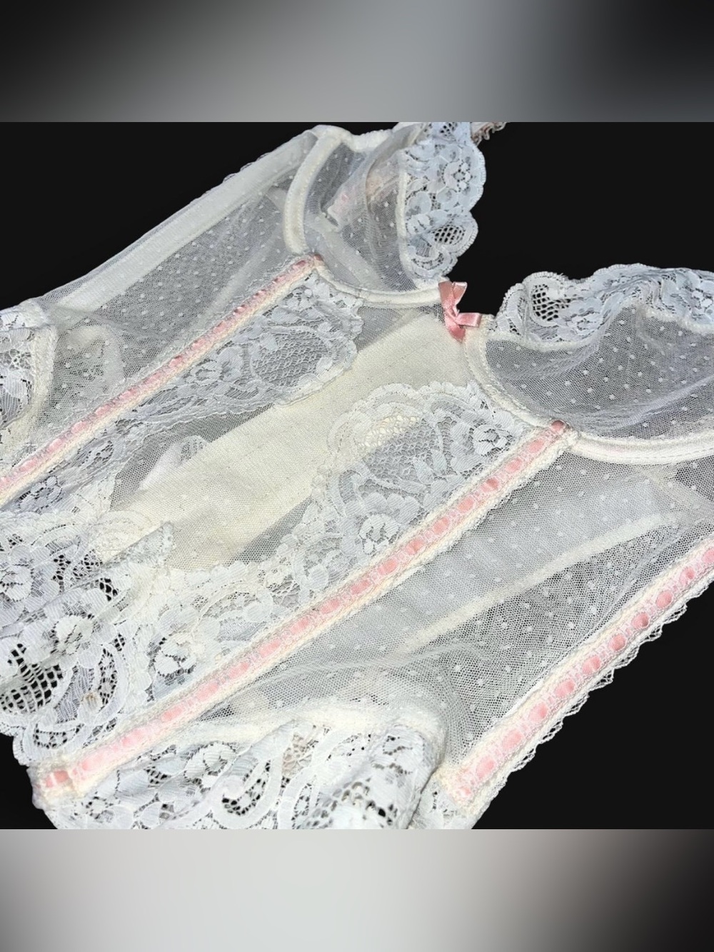 Vintage Sheer White Lace Bustier with Pink Trim